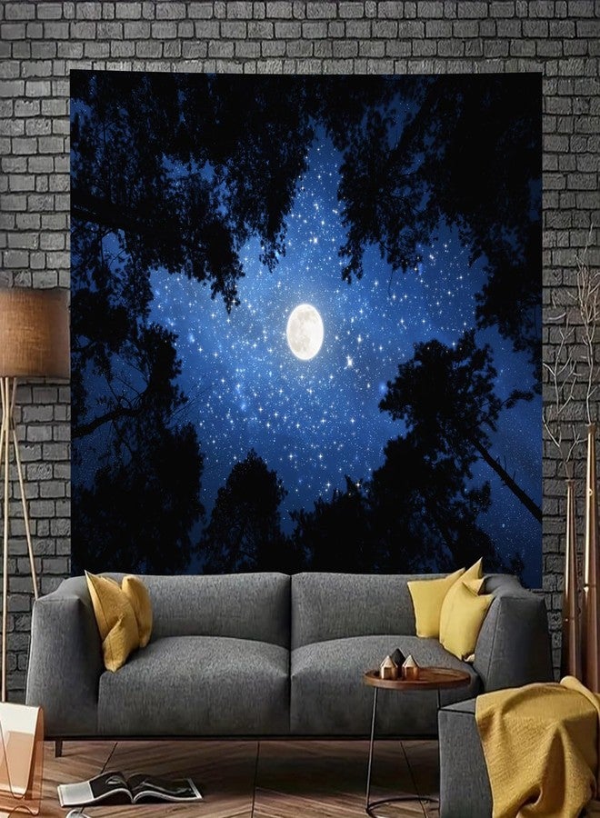 TUGCAY Forest Galaxy Starry Tapestry Blue Space Night Sky Stars Moon Ceiling Tapestry Nature Trees Tapestries Aesthetic Wall Hanging for Bedroom Dorm Living Room Office Decor 60x50 Inch - Image 4